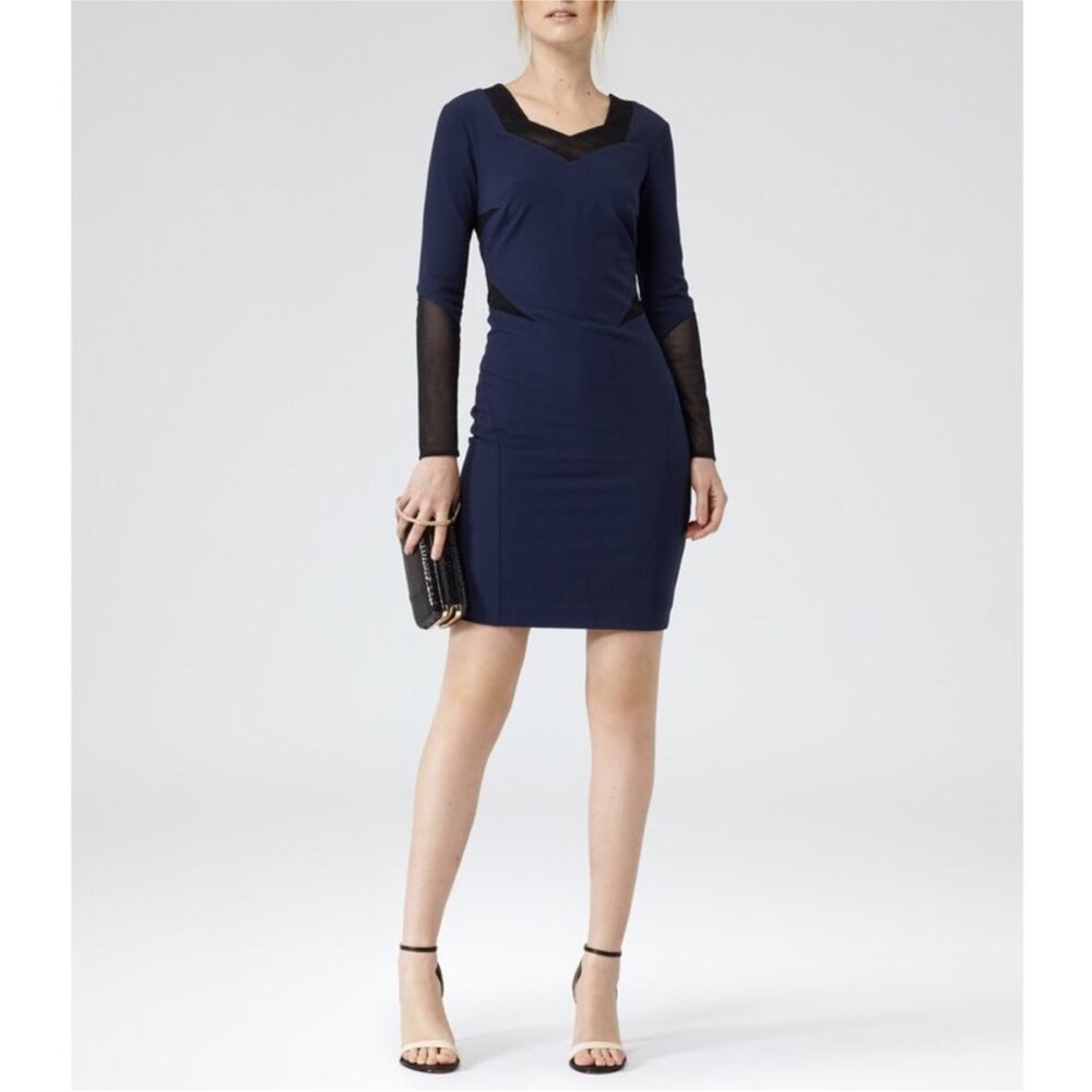 Reiss Vixen Mesh Navy and Black Long Sleeve Bodycon Panel Evening Glam Dress 8